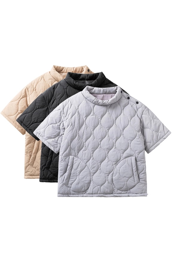 Men's Side Zipper Lightweight Loose Softshell Cotton Pullover Top Short Sleeve Windproof Warm Puffer Down Jackets for Golfing Hiking Running Khaki