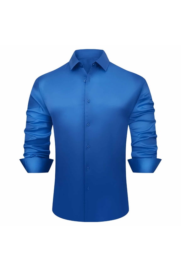 Men's Silk Satin Long Sleeve French Cuff Dress Shirts Shiny Slim Fit formal Business Button Down Shirt Luxury Party Prom Shirts Blue