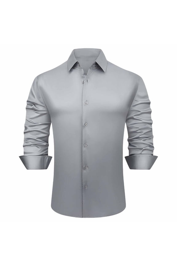 Men's Silk Satin Long Sleeve French Cuff Dress Shirts Shiny Slim Fit formal Business Button Down Shirt Luxury Party Prom Shirts Gray