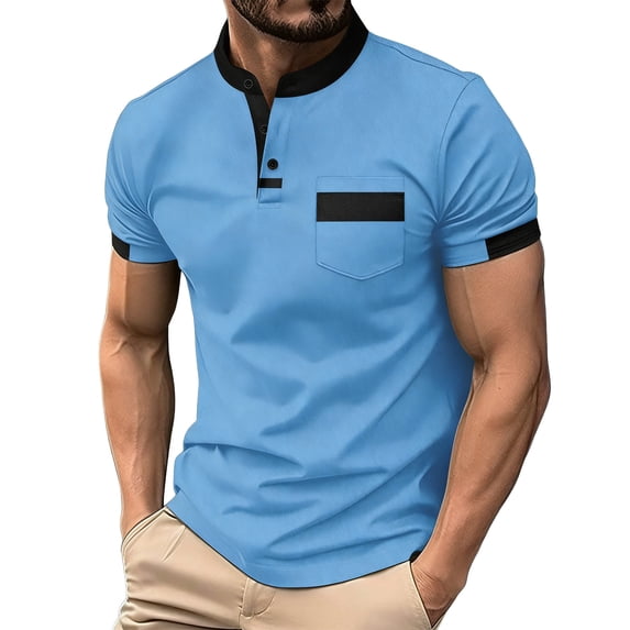 FRSASU Men's Single Breasted Pocket Round Neck Color Block Short Sleeve Button Down Summer Patchwork Print Polo Shirt Blue