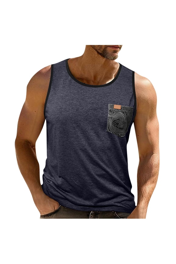 Men's Sleeveless Gym Tank Tops with Pocket Workout Bodybuilding Muscle T Shirts Navy