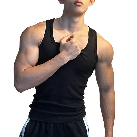 FRSASU Men's Sleeveless Tank Tops Square Neck Ribbed Knit Slim Fit Basic Athletic Gym Workout Tank Undershirts Black