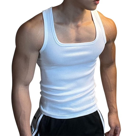 FRSASU Men's Sleeveless Tank Tops Square Neck Ribbed Knit Slim Fit Basic Athletic Gym Workout Tank Undershirts White