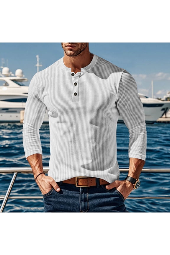 Men's Slim Fit Shirts round neck button corduroy top Casual Solid Button Fashion T-Shirts Tops White