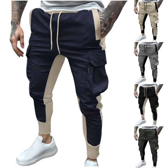 FRSASU Men's Slim Fit Sweatpants Color Block Irregular Patchwork Elastic Waist Drawstring Sweatpants Casual Lounge Jogger Pants Navy