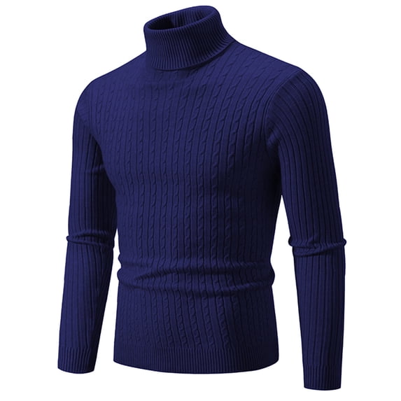 FRSASU Men's Slim Fit Turtleneck Elastic Sweater Casual Knitted Pullover Solid Retro Sweaters Navy