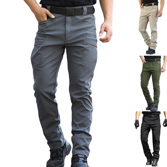 FRSASU Men’s Softshell Fleece Lined Winter Hiking Cargo Pants, Water Resistant Insulated thermal, Outdoor Tactical Warm Snow Ski Pants Khaki