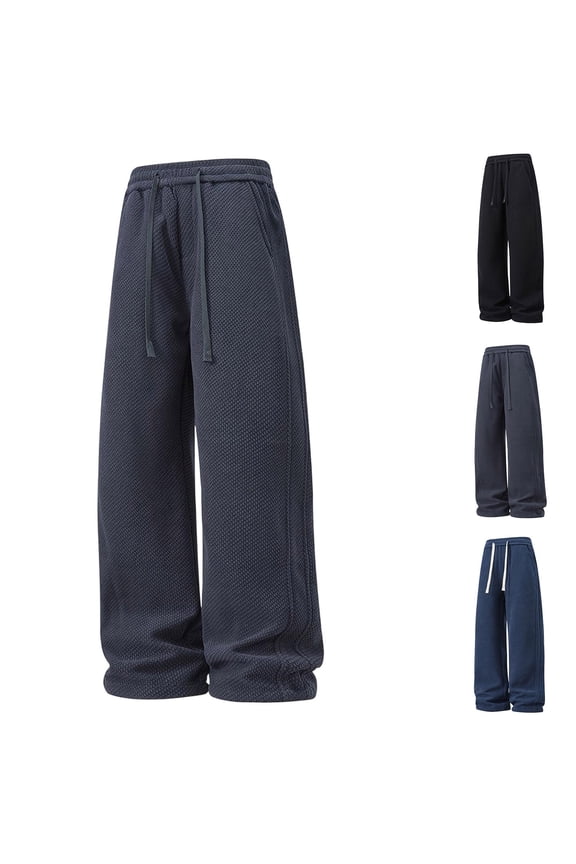 Men's Solid Color Casual Pants Straight Knitted Sports Trousers Navy
