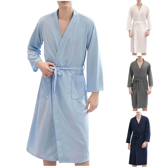 FRSASU Men's Solid Color Waffle Robe Long Sleeve Casual Home Tie up Long nightgown with Pocket White
