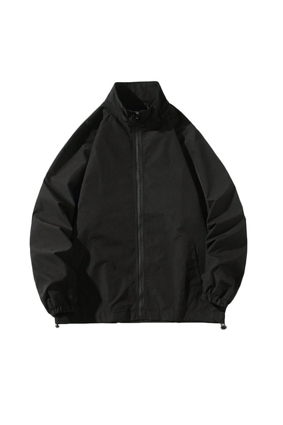 Men's Sports Shell Jacket Lightweight Windbreaker Outdoor Middle-Aged Business Casual High Neck Coat Black