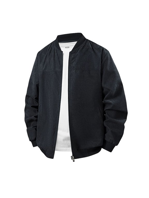 Men's Stand Collar Baseball Bomber Jacket, Zip Up Lightweight Casual Windbreaker with Side Pockets Black