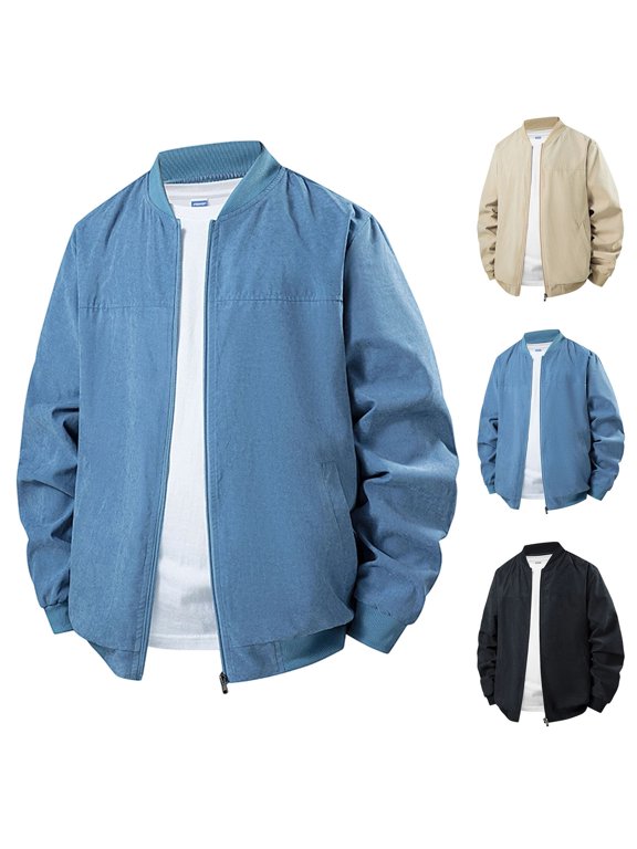 Men's Stand Collar Baseball Bomber Jacket, Zip Up Lightweight Casual Windbreaker with Side Pockets Sky Blue