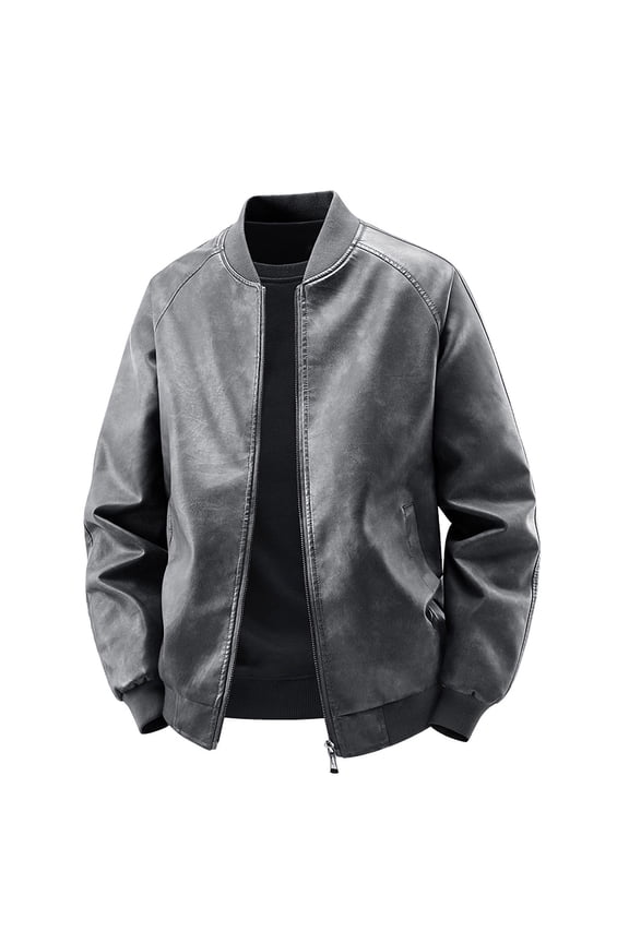 Men's Stand Collar Leather Jacket Motorcycle Lightweight PU Leather Velvet Baseball Outwear Gray