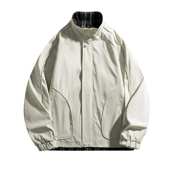 FRSASU Men's Stand up Collar Button Zipper Pocket Splicing Long Sleeved Waterproof Jacket Solid Color Casual Loose Workwear Outdoor Jacket White
