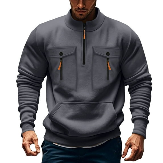 FRSASU Men's Stand up Collar Half Zipper Casual Solid Color Casual Loose and Simple Outdoor Pullover Top Dark Gray