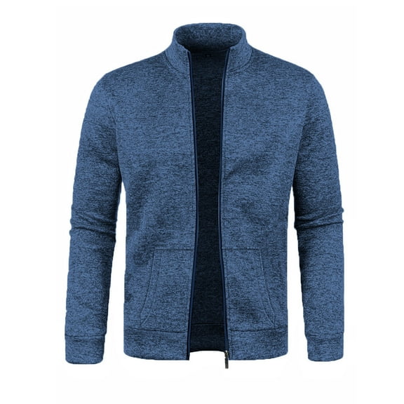 FRSASU Men's Stand up Collar Zipper Coat Full Zip Solid Color Cable Knitted Cardigan Casual Long-Sleeved Sweater Coat Navy