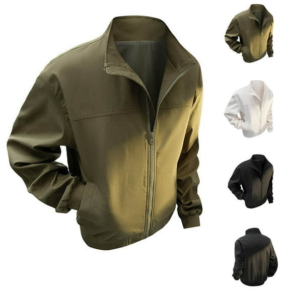 FRSASU Men's Stand up Collar Zipper Jacket Solid Color Casual Loose Simple Classic Long Sleeved Jacket with Pocket White