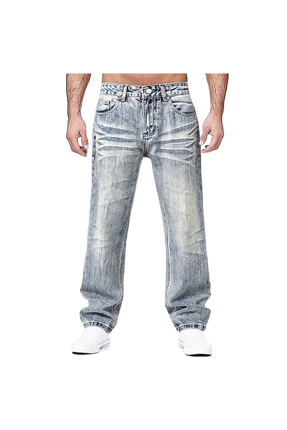 Men's Straight Leg Boot Cut Jeans Stretch Loose Fit Flared Jeans Light Washed Vintage Denim Pants Blue