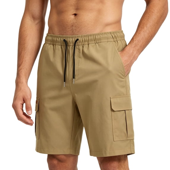 FRSASU Men's Stretch Cargo Shorts Quick Dry Lightweight Drawstring Elastic Waist Hiking Shorts with Multi Pockets Khaki