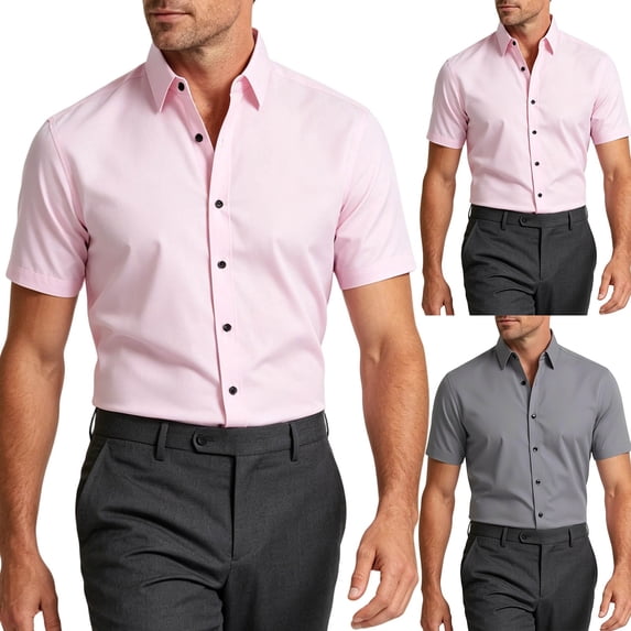 FRSASU Men's Stretch Wrinkle Free Dress Shirts formal Wedding Prom Short Sleeve Slim Fit Button Down Shirt Pink