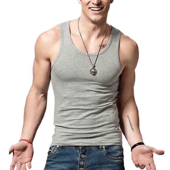 FRSASU Men's Stringer Tank Tops, Cotton Sleeveless Gym Workout Vest, Scoop Neck Fitness Muscle T Shirts Gray