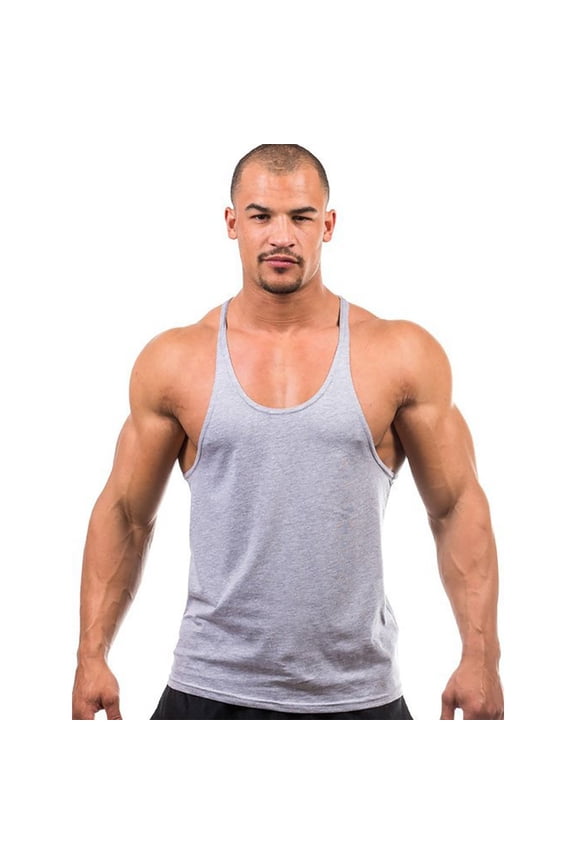 Men's Stringer Tank Tops Muscle Cut Bodybuilding Gym Vest Y-Back Workout Sleeveless T-Shirt Gray