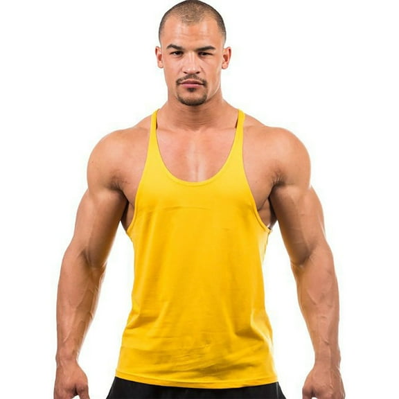 FRSASU Men's Stringer Tank Tops Muscle Cut Bodybuilding Gym Vest Y-Back Workout Sleeveless T-Shirt Yellow