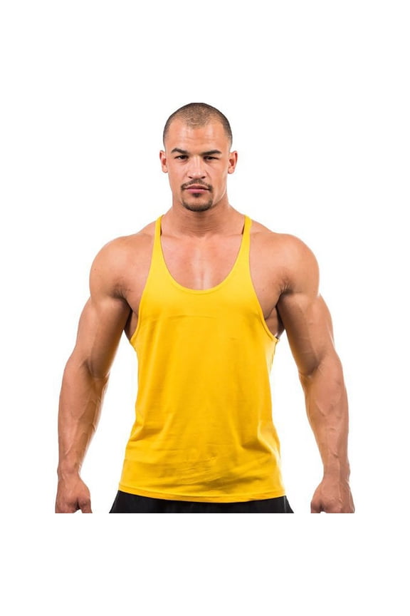Men's Stringer Tank Tops Muscle Cut Bodybuilding Gym Vest Y-Back Workout Sleeveless T-Shirt Yellow