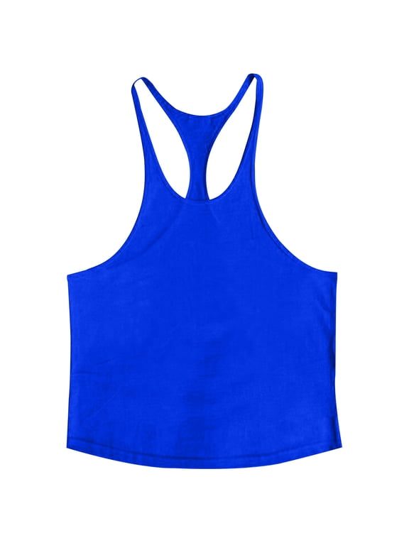 Men's Stringer Tank Tops Muscule Cut Bodybuilding Gym Cotton Vest Y-Back Workout Sleeveless T-Shirt Blue
