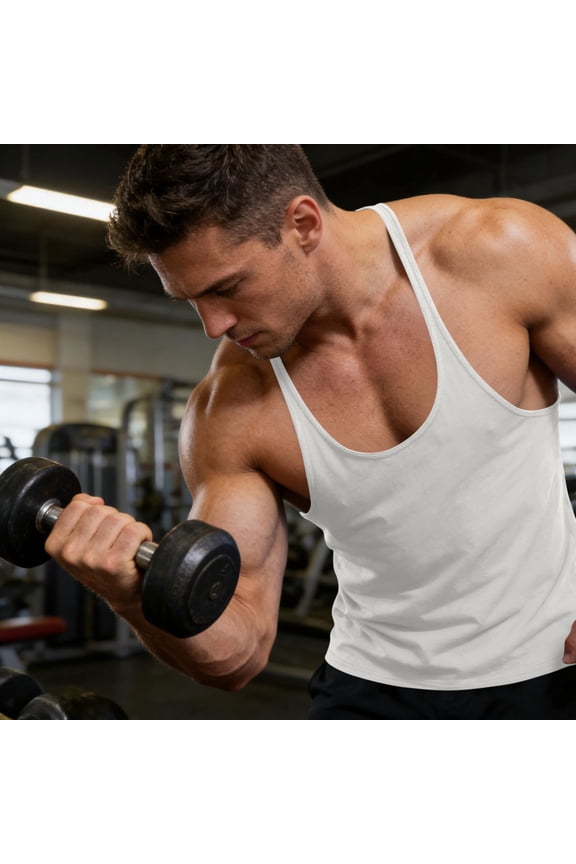 Men's Stringer Tank Tops Muscule Cut Bodybuilding Gym Vest Y-Back Workout Sleeveless Tee White
