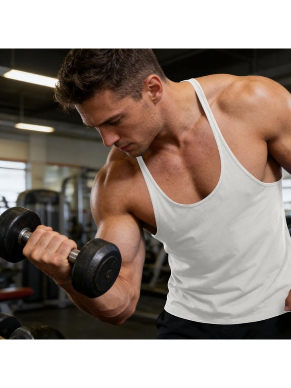 Men's Stringer Tank Tops Muscule Cut Bodybuilding Gym Vest Y-Back Workout Sleeveless Tee White
