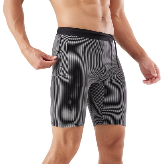 FRSASU Men's Stripe Performance Compression Workout Shorts Tight Gym Athletic Shorts with Pockets Gray