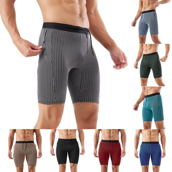 FRSASU Men's Stripe Performance Compression Workout Shorts Tight Gym Athletic Shorts with Pockets Yellow
