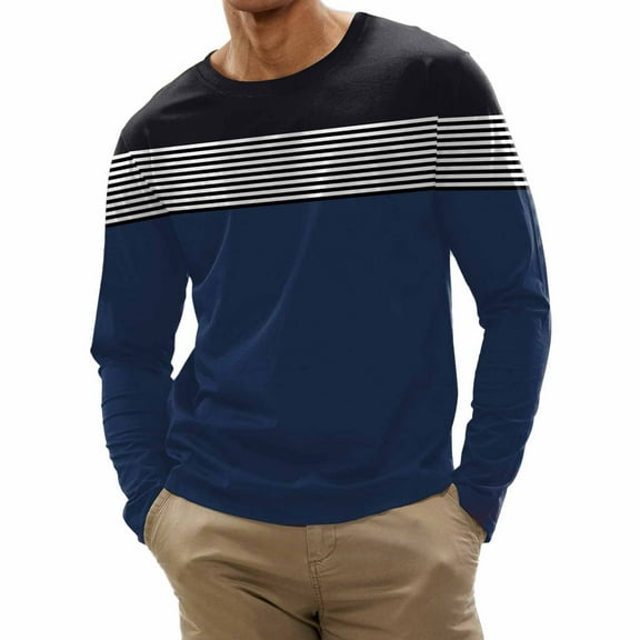 FRSASU Men's Stripe Print Summer Crew-Neck Pullover Tops Long Sleeve Colorblock Slimming Fit Lightweight Tops Navy-B