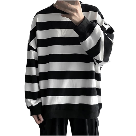 FRSASU Men's Striped Gothic T-Shirts Loose Pullovers Oversized Sweatshirts Knitted Round Neck Tops Black