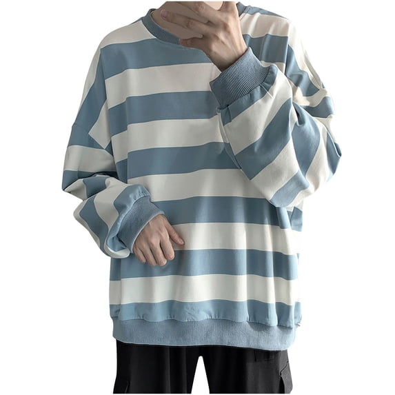 FRSASU Men's Striped Gothic T-Shirts Loose Pullovers Oversized Sweatshirts Knitted Round Neck Tops Blue