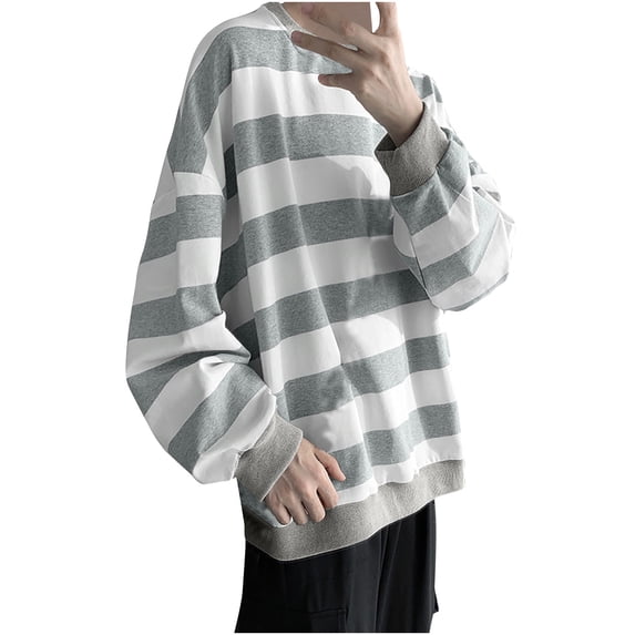 FRSASU Men's Striped Gothic T-Shirts Loose Pullovers Oversized Sweatshirts Knitted Round Neck Tops Gray