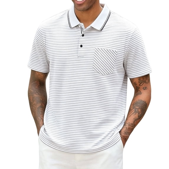FRSASU Men's Striped Polo Shirts Cotton Short Sleeve Classic Collared Tops Casual Business Golf Blouse with Pocket White