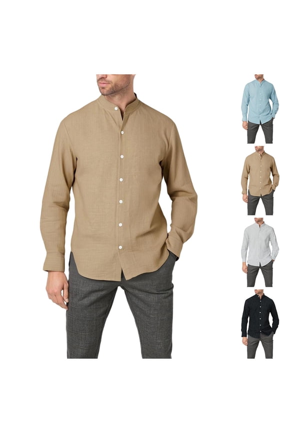 Men's Striped Print Long Sleeve Dress Shirts Button Down Business Work Blouse Stand up Collar Linen Tops White