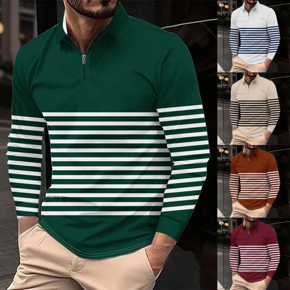 FRSASU Men's Striped Print Sweatshirts Long Sleeve Lapel Collared Zipper Shirts Fall Pullover White