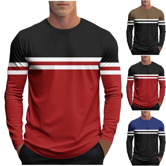 FRSASU Men's Striped Shirts Long Sleeve Crewneck T-Shirt Fashion Casual Pullover Shirts Soft Stretch Tees Tops Red