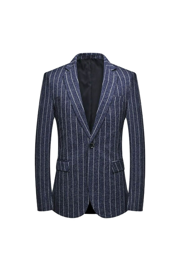 Men's Striped Suit Jacket Single Row Single Button Business Performance Costume Suit Top Navy