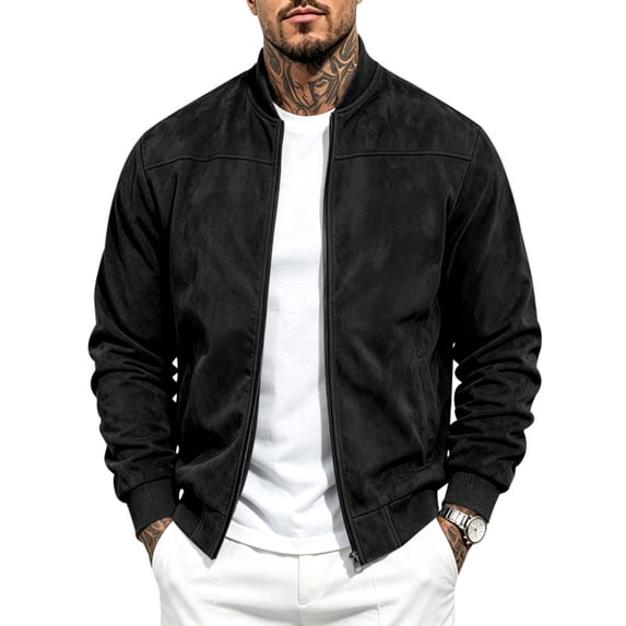FRSASU Men's Suede Bomber Jacket Zip‑Up Stand Collar Long Sleeve Casual Lightweight Outerwear with Side Pockets Black