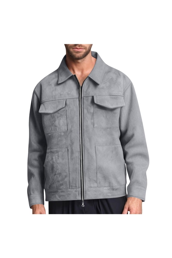 Men's Suede Coat Deerskin Velvet Casual Lapel Collar British Style Jacket with Zipper Solid Outerwear Gray