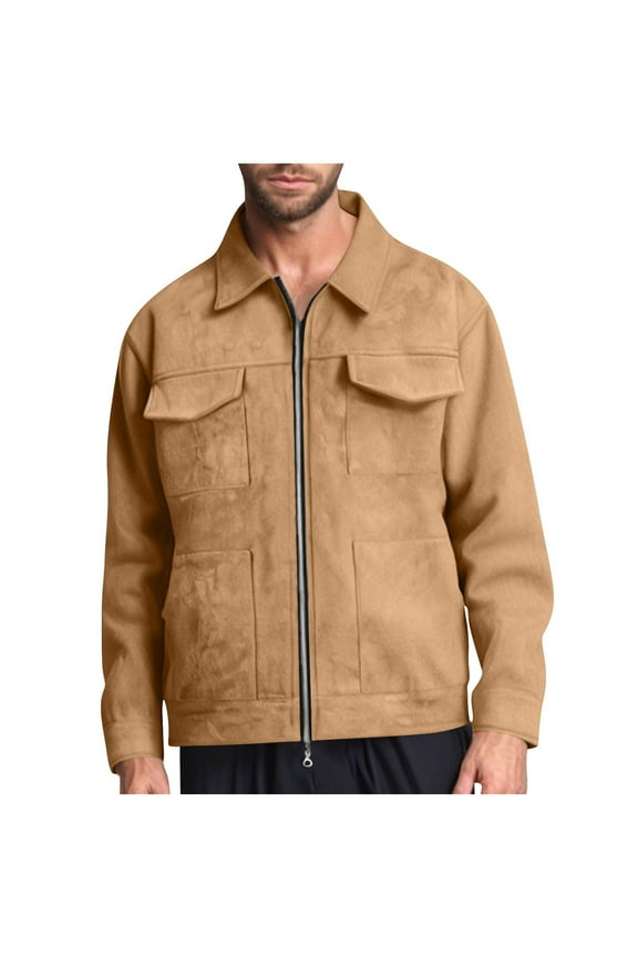 Men's Suede Coat Deerskin Velvet Casual Lapel Collar British Style Jacket with Zipper Solid Outerwear Khaki
