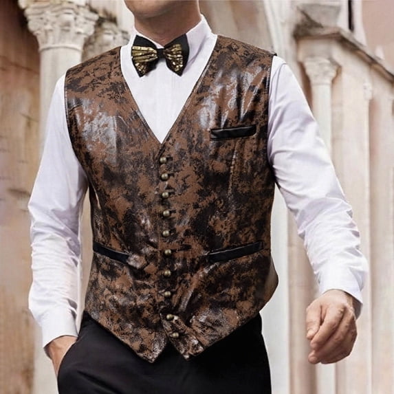 FRSASU Men's Suede Leather Suit Vest V Neck Artificial Retro Button Regular Vest Cowboy Style Sleeveless Jacket Brown
