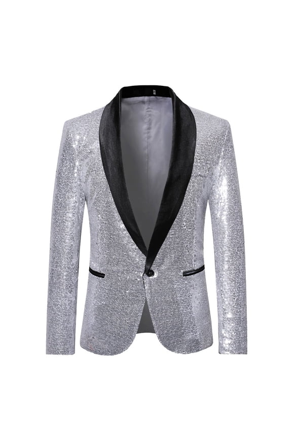 Men's Suit Slim Fit Business Wedding Party Outwear Blazer Jacket Silver L(L)
