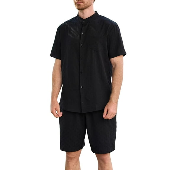 FRSASU Men's Summer Beach Outfits 2 Piece Stand up Collar Short Sleeve Fashion Shirts and Shorts Vacation Sets for Men Black