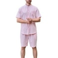 thumbnail image 1 of FRSASU Men's Summer Beach Outfits 2 Piece Stand up Collar Short Sleeve Fashion Shirts and Shorts Vacation Sets for Men Pink, 1 of 3
