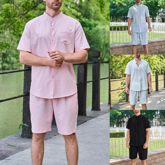 FRSASU Men's Summer Beach Outfits 2 Piece Stand up Collar Short Sleeve Fashion Shirts and Shorts Vacation Sets for Men White